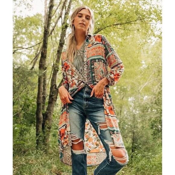 Boho Floral Geometric Quilt Square Pattern Long Sleeve Button-Down Shirt Kimono - Picture 1 of 16